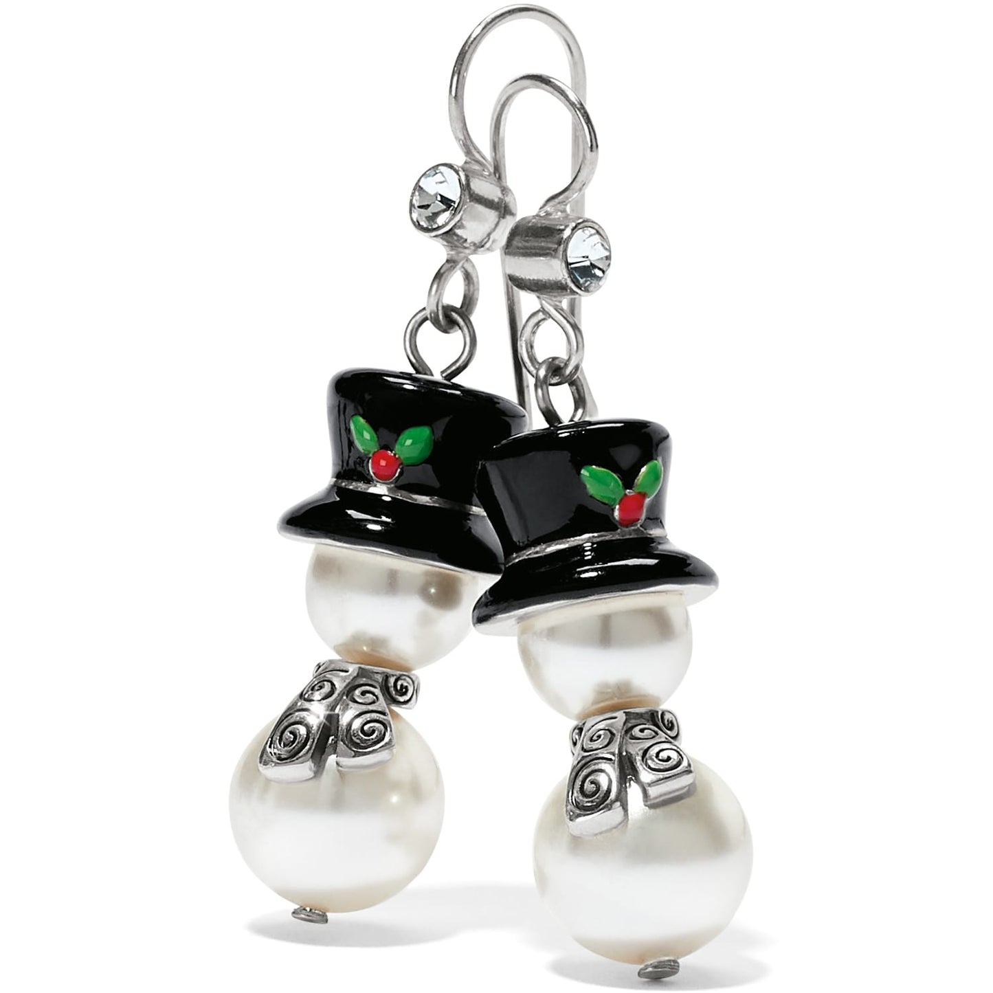 Brighton snowman drop earrings with pearl beads, black top hats, holly accents, and crystals on a white background