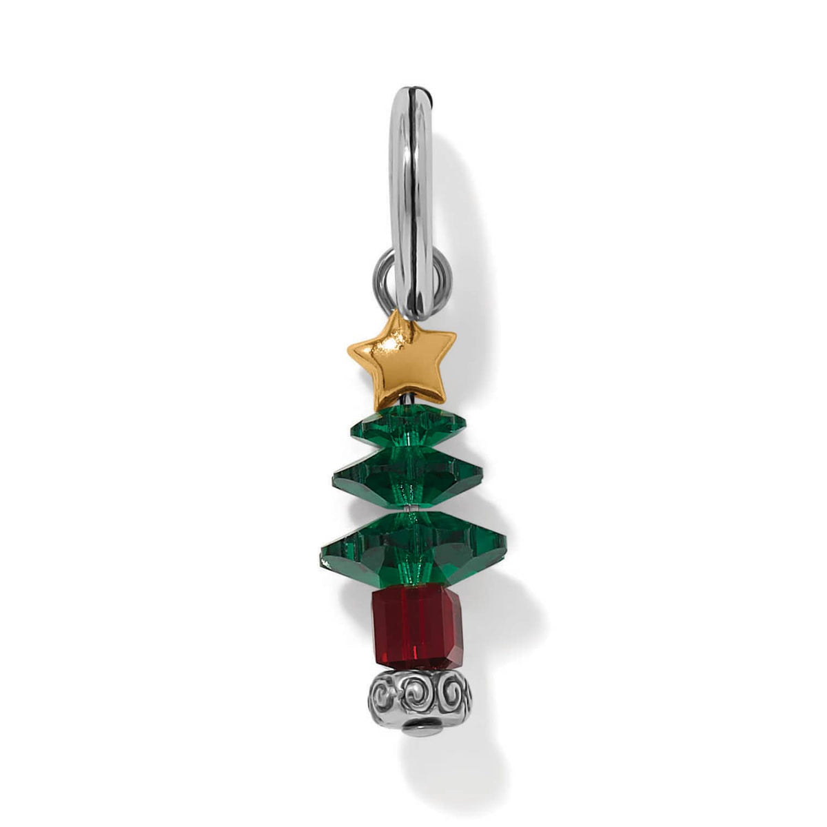 Brighton Christmas tree charm with green and red crystals, gold-tone star, and silver-plated hoop on a white background