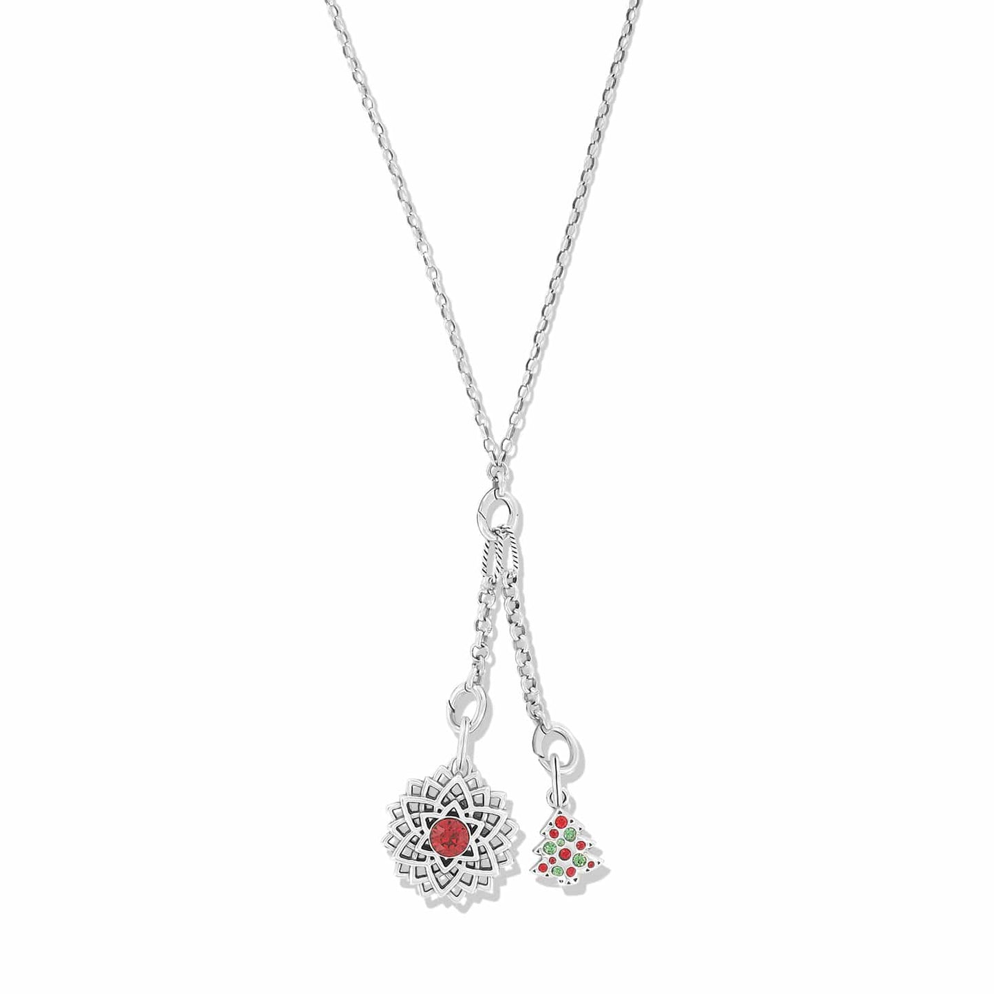 Brighton charm necklace with silver-tone chain, red crystal medallion, and green crystal Christmas tree charm on a white background