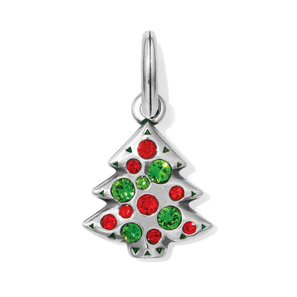 Brighton Christmas tree charm with red and green crystals and silver-plated finish on a white background