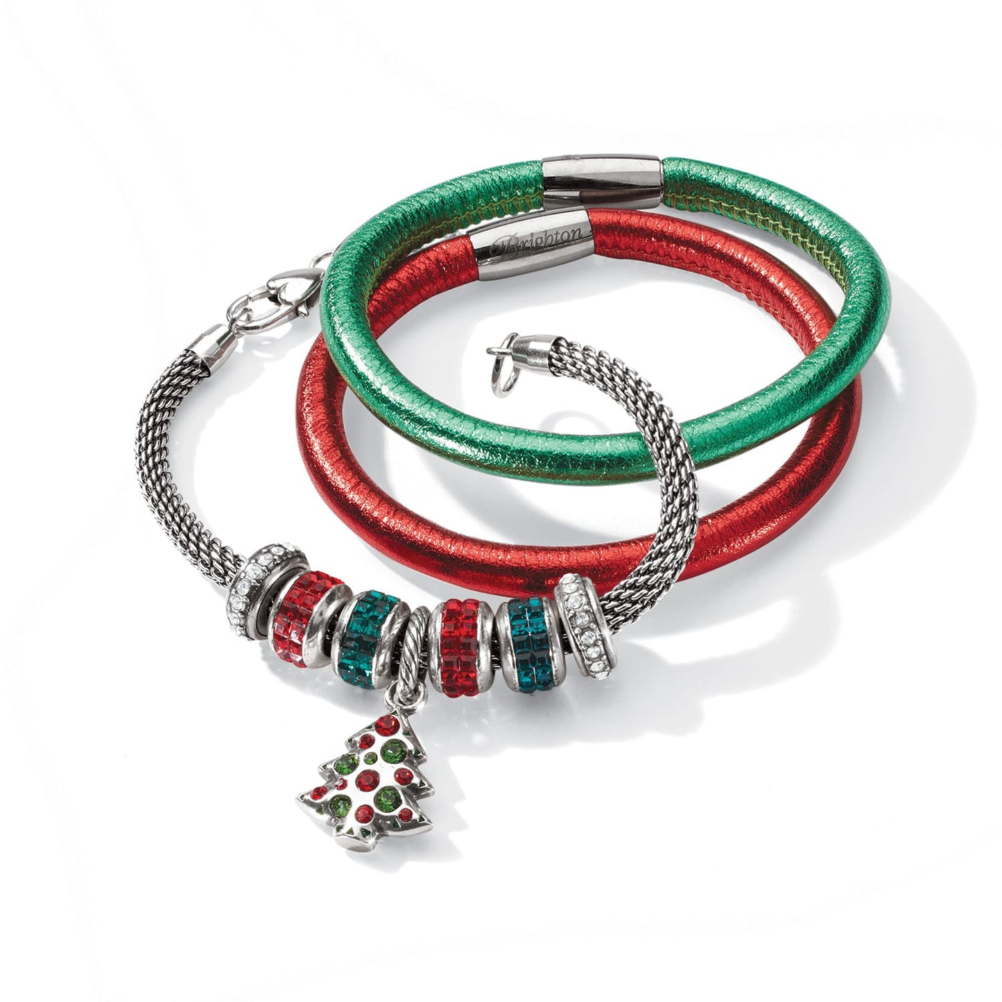 Brighton bracelet set with green and red metallic bands, silver-plated mesh, crystal beads, and Christmas tree charm on a white background