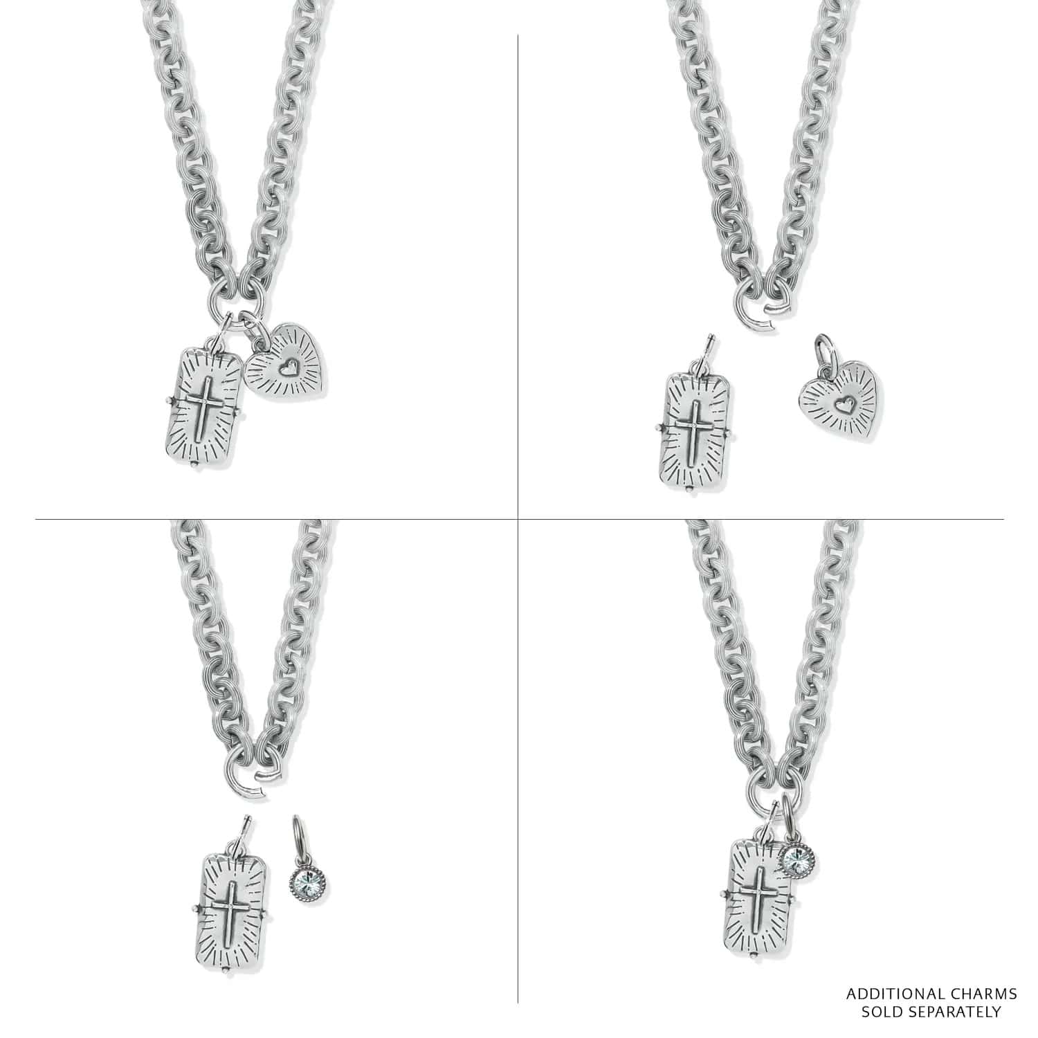 Brighton silver-plated chain necklace shown with interchangeable cross tag, heart, and crystal charms on a white background