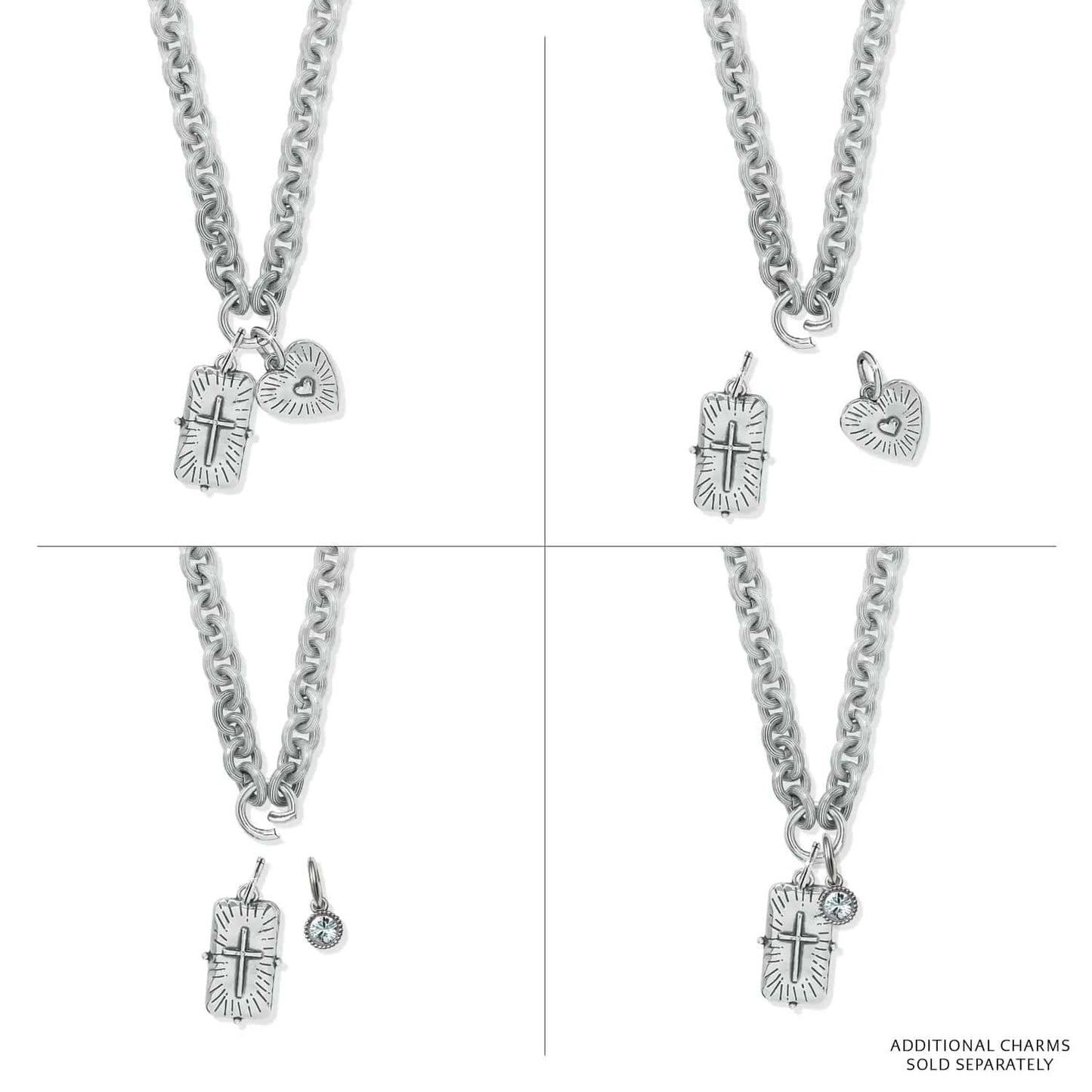 Brighton silver-plated chain necklace shown with interchangeable cross tag, heart, and crystal charms on a white background