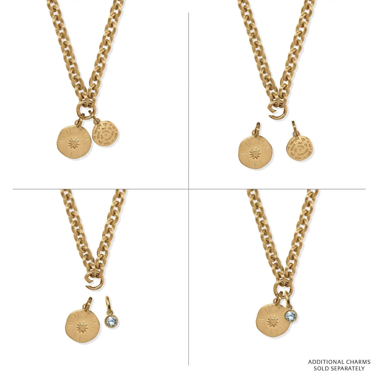 Brighton charm necklace with gold-plated chain, sunburst medallion, inscribed disc, and blue crystal charm options on a white background
