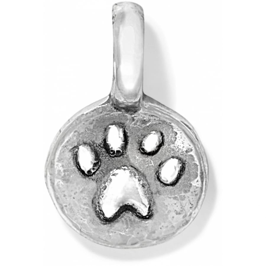 Brighton paw print charm with silver-plated round medallion and embossed paw design on a white background