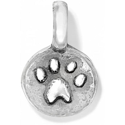 Brighton paw print charm with silver-plated round medallion and embossed paw design on a white background