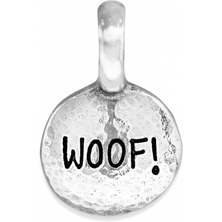 Brighton round charm with silver-plated finish and engraved WOOF! text with hammered texture on a white background