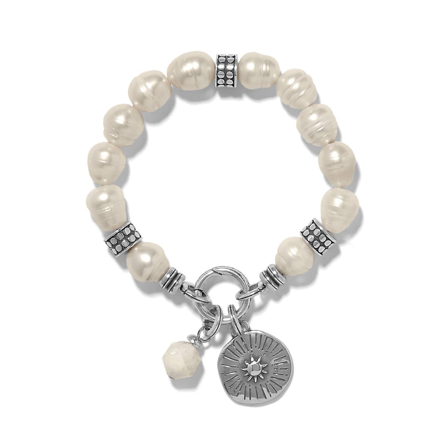 Brighton beaded bracelet with freshwater pearls, silver-plated accents, and round medallion charm on a white background