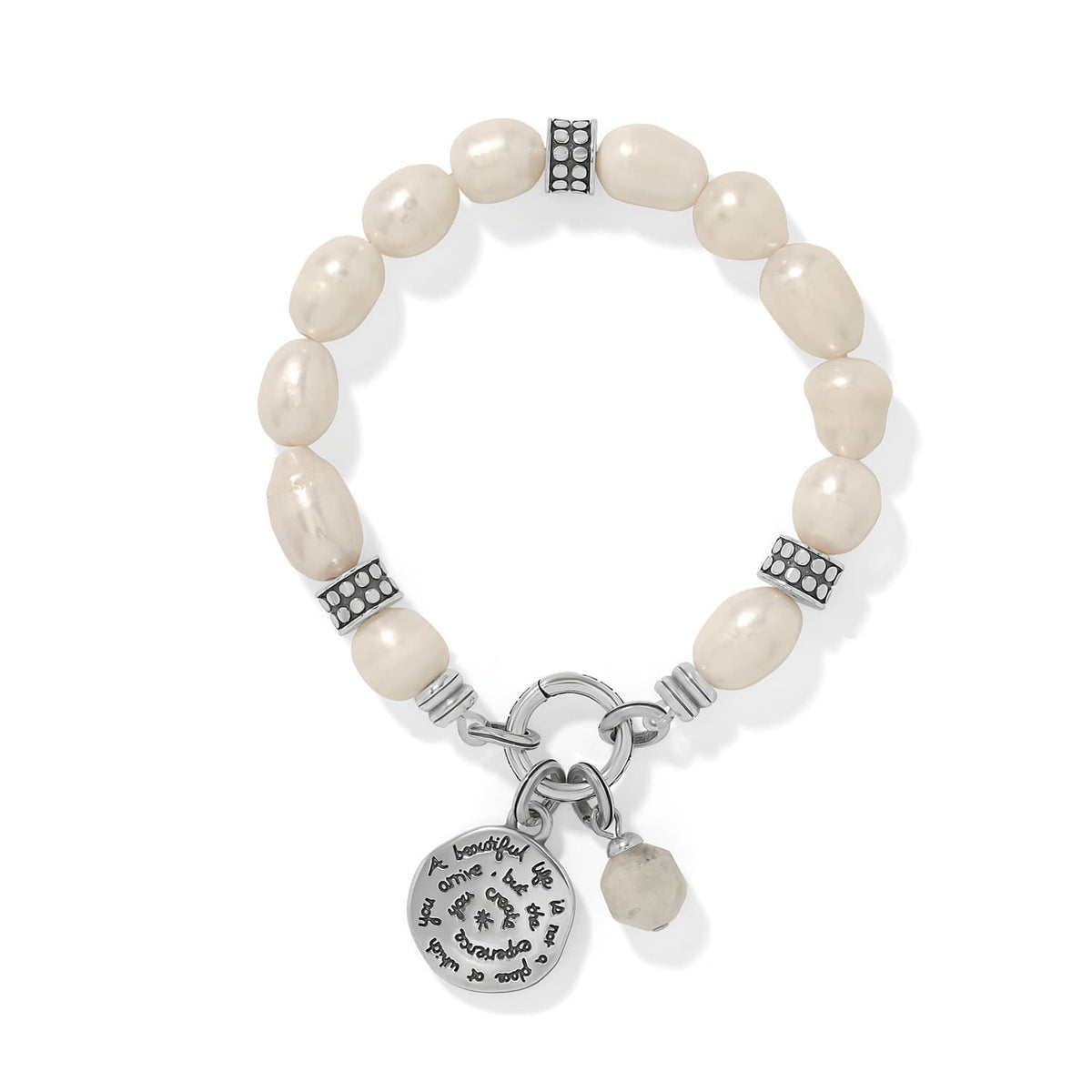 Brighton beaded bracelet with freshwater pearls, silver-plated accents, and inscribed round charm on a white background