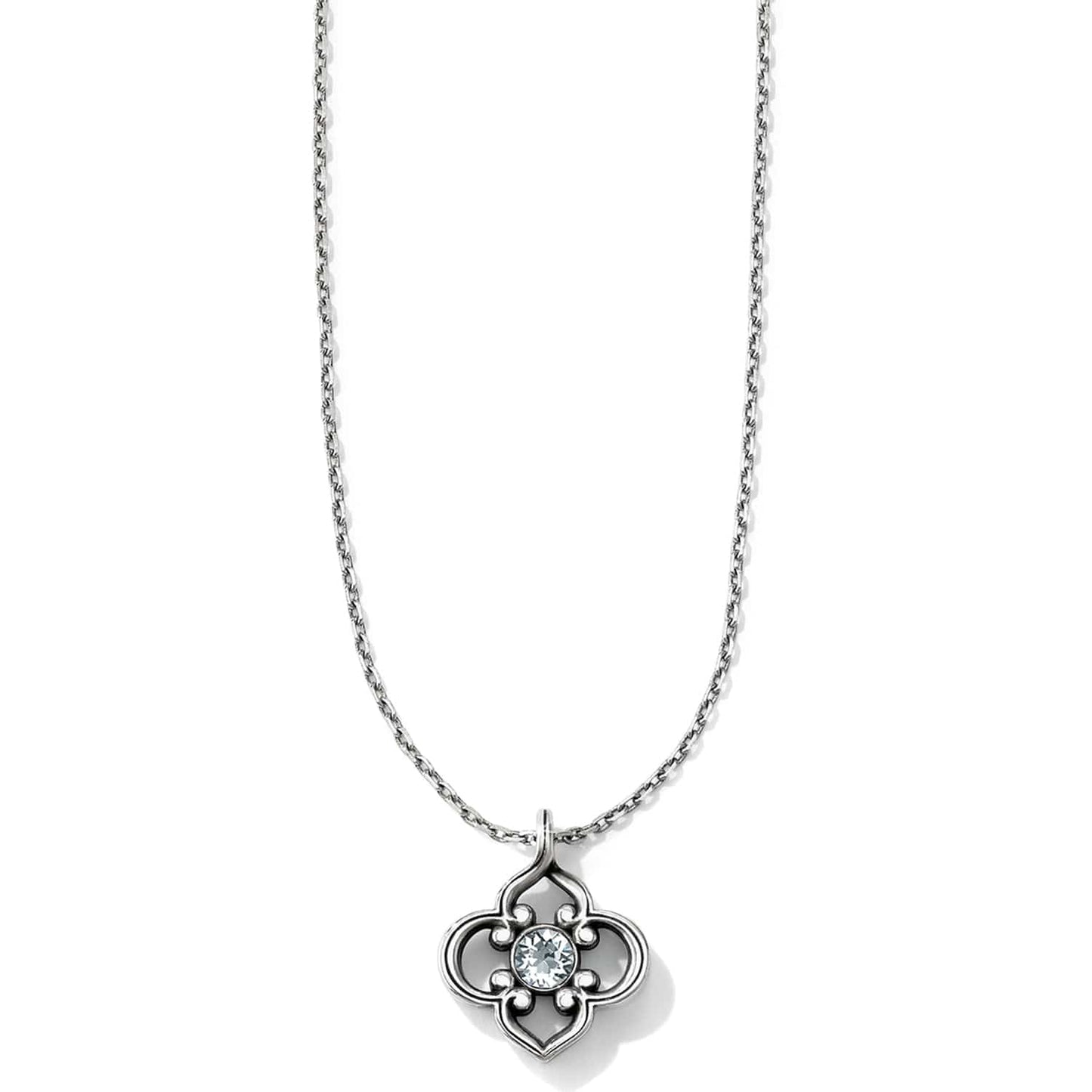 Brighton pendant necklace with silver-plated quatrefoil design and center crystal on a white background