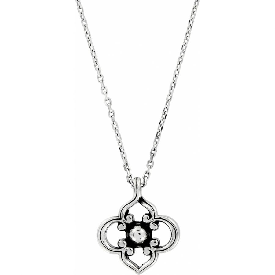 Brighton pendant necklace with silver-plated openwork quatrefoil design and centered crystal accent on a white background
