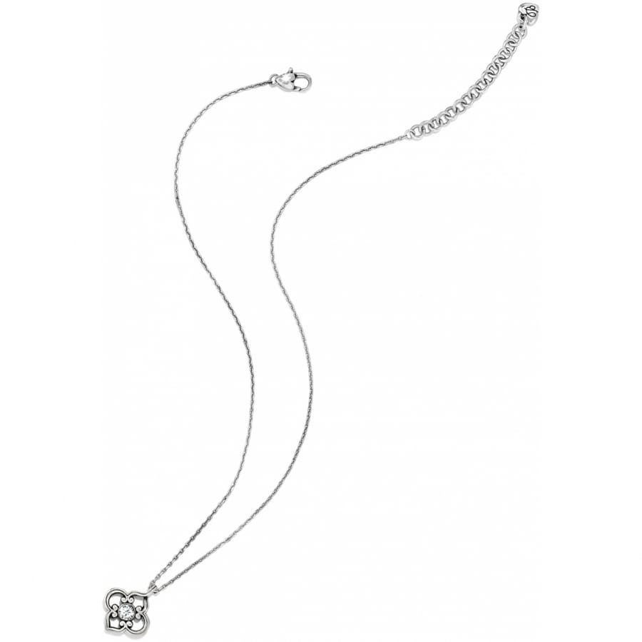 Brighton pendant necklace with silver-plated clover-shaped pendant and crystal center stone on a white background