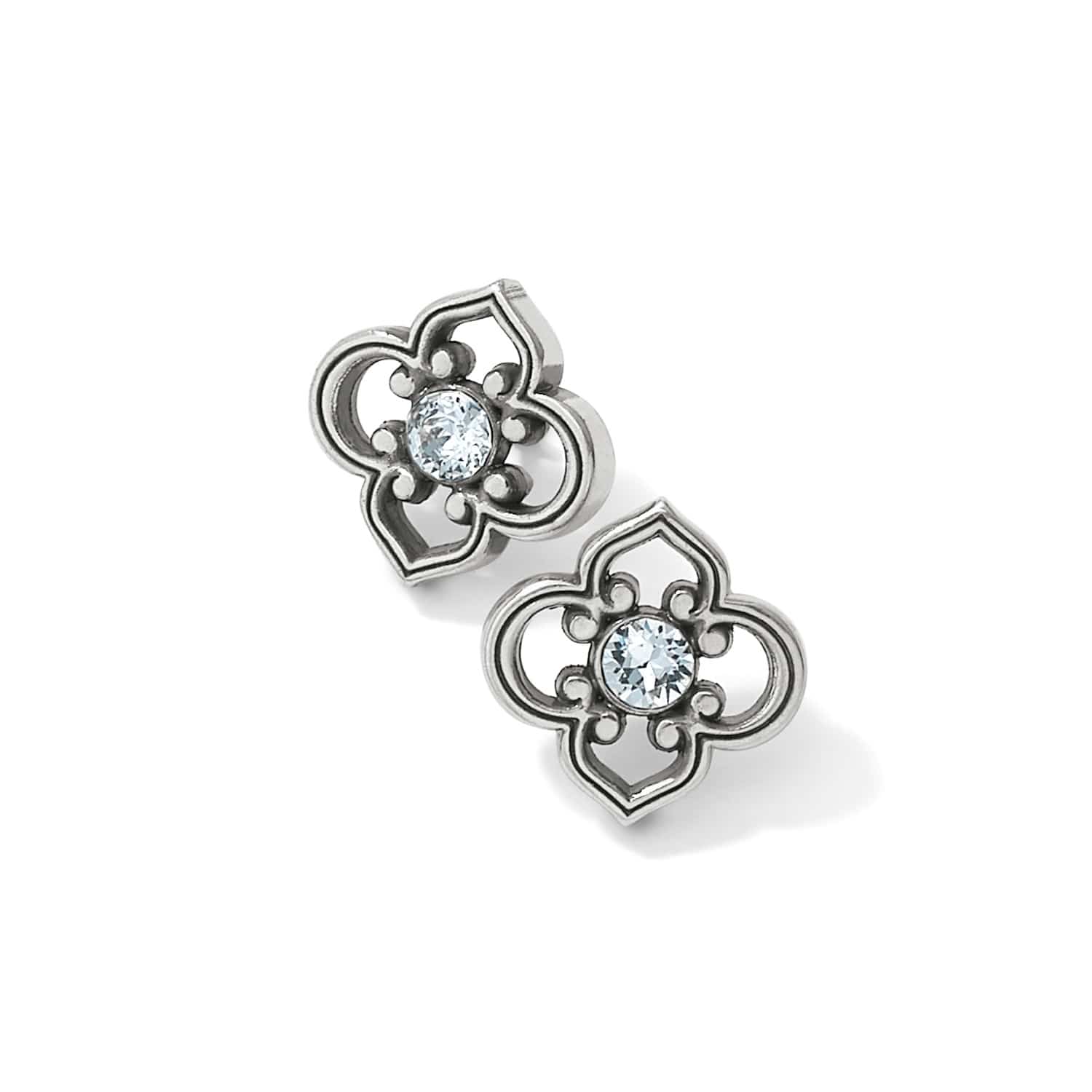 Brighton stud earrings with silver-plated quatrefoil openwork design and crystal centers on a white background