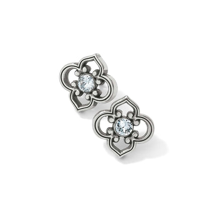 Brighton stud earrings with silver-plated quatrefoil openwork design and crystal centers on a white background