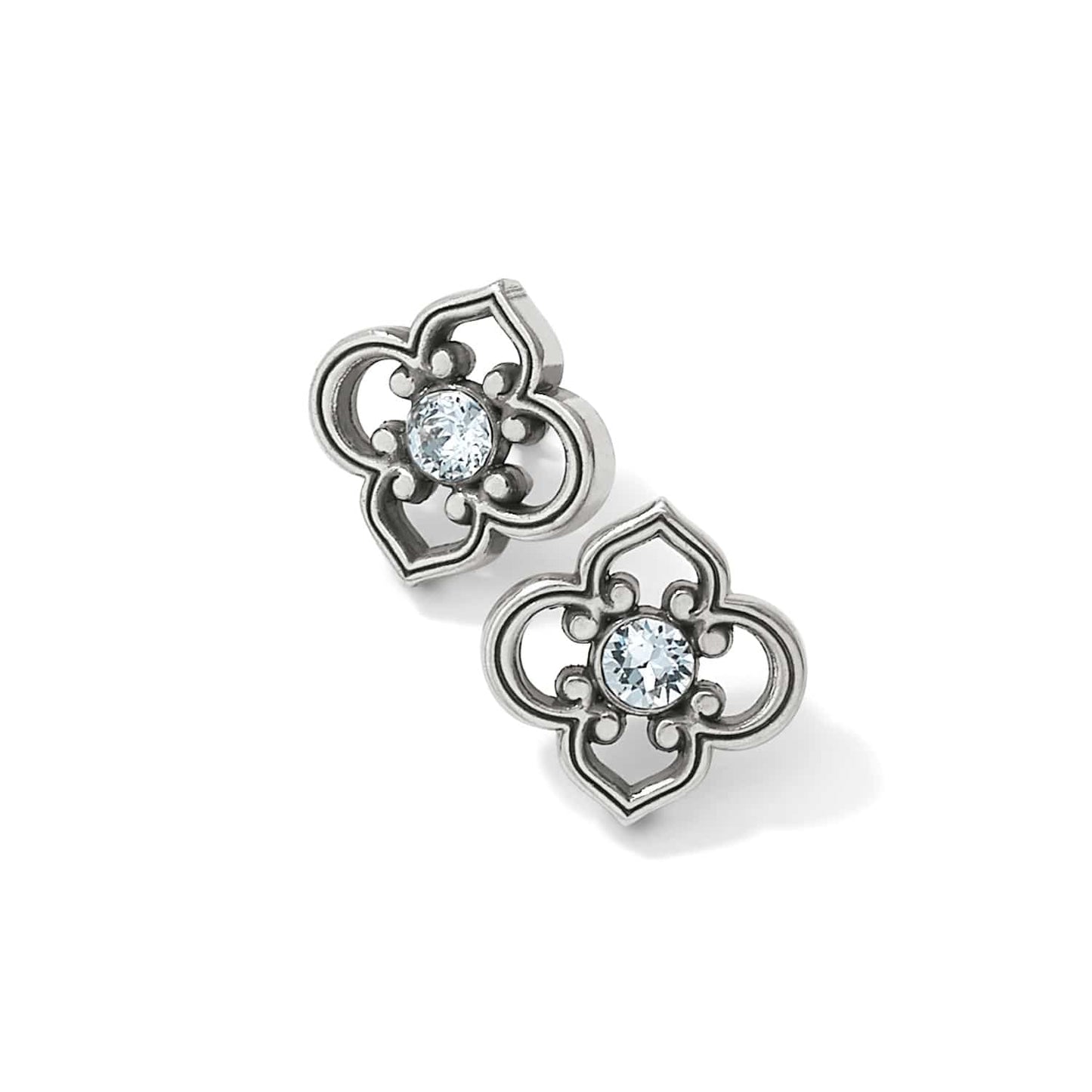 Brighton stud earrings with silver-plated quatrefoil openwork design and crystal centers on a white background