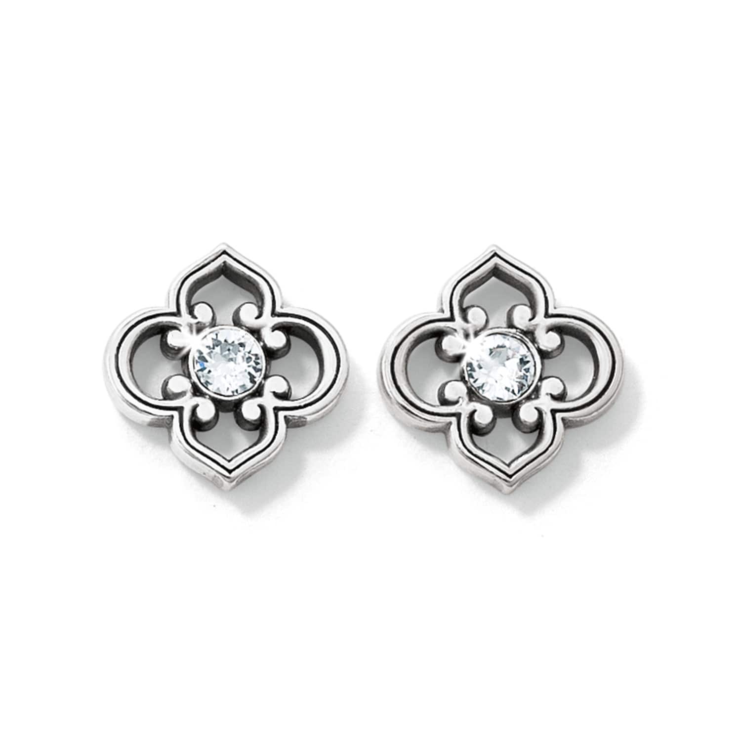 Brighton stud earrings with silver-plated quatrefoil openwork design and center crystal accents on a white background