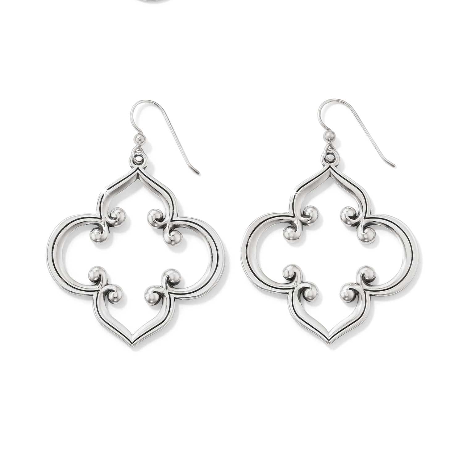 Brighton drop earrings with silver-plated quatrefoil scrollwork frames and French wire hooks on a white background