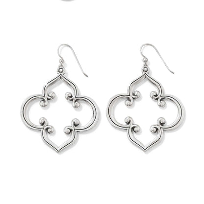 Brighton drop earrings with silver-plated quatrefoil scrollwork frames and French wire hooks on a white background