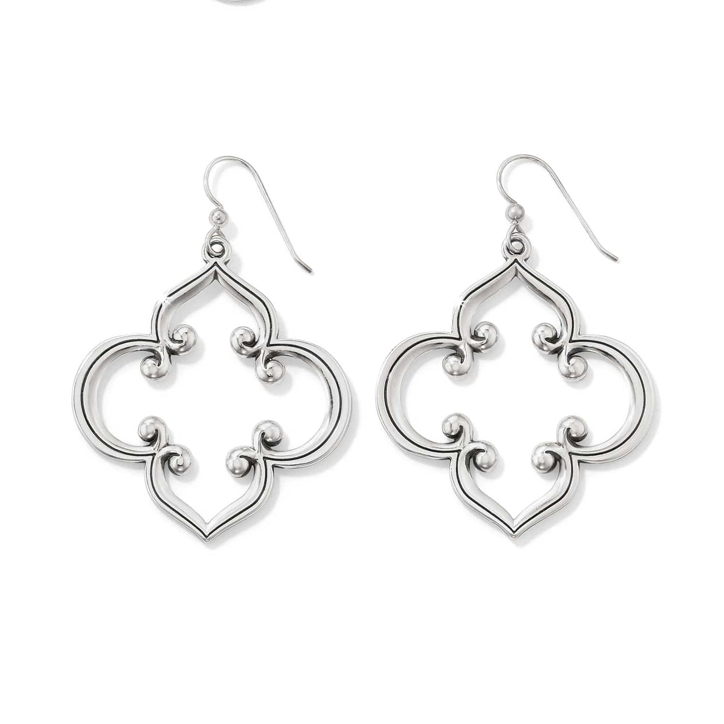 Brighton drop earrings with silver-plated quatrefoil scrollwork frames and French wire hooks on a white background