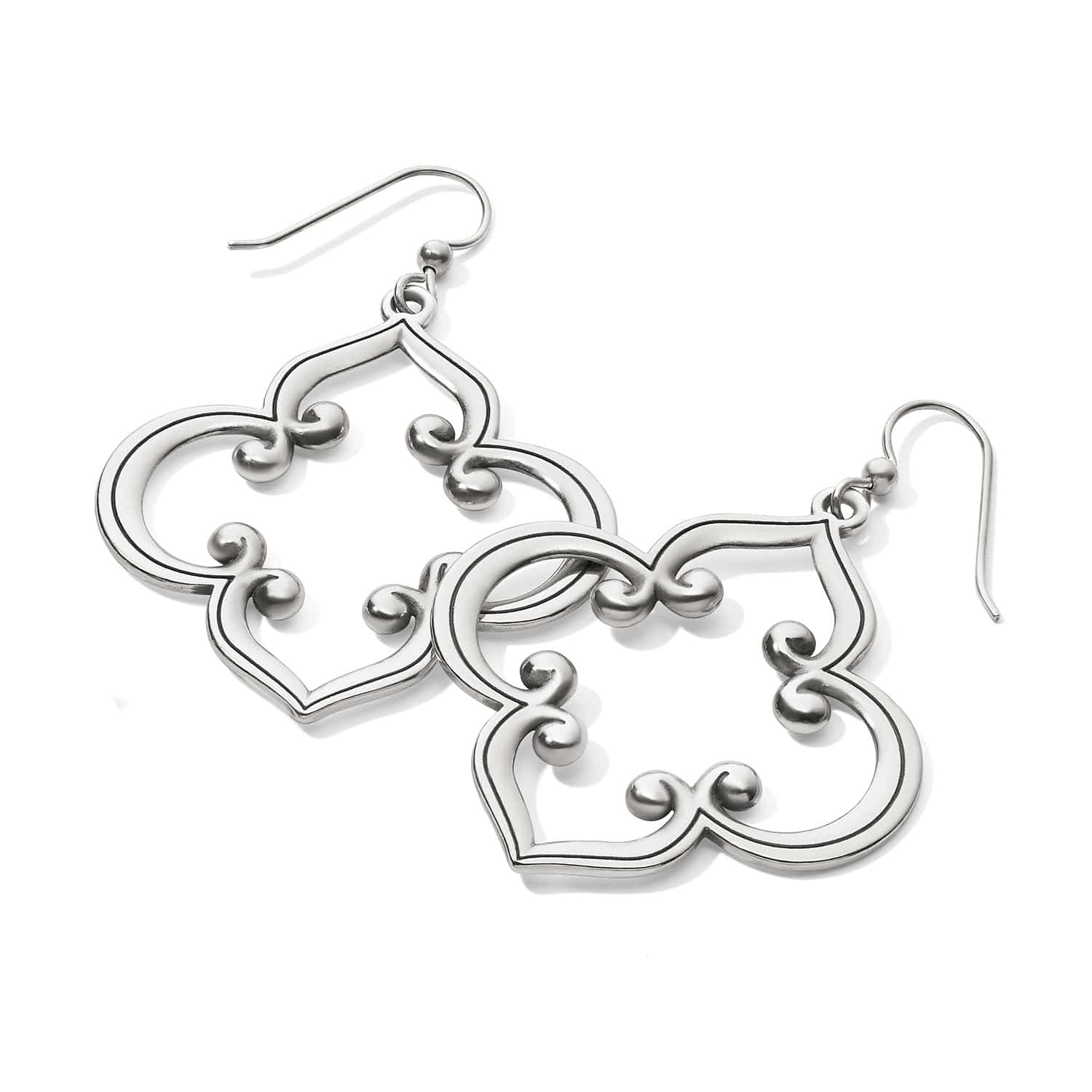 Brighton drop earrings with silver-plated quatrefoil scrollwork design and French hook wires on a white background