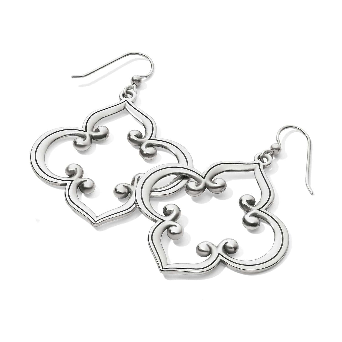 Brighton drop earrings with silver-plated quatrefoil scrollwork design and French hook wires on a white background