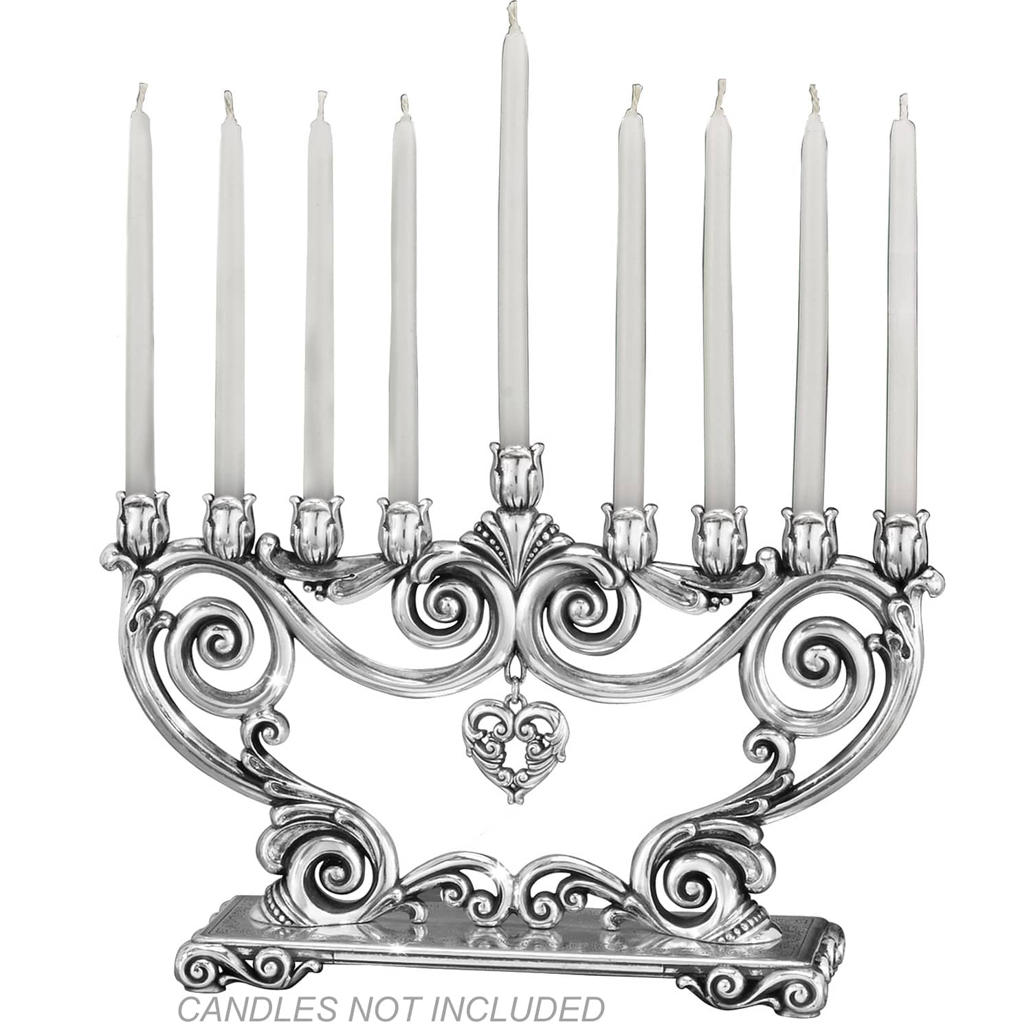 Brighton silver-plated menorah with ornate scrollwork, tulip candle holders, and hanging heart pendant on a white background