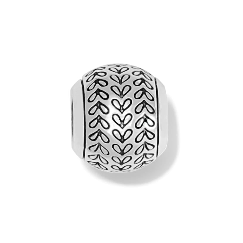 Brighton silver-plated bead charm with embossed chevron leaf pattern and polished side bands on a white background