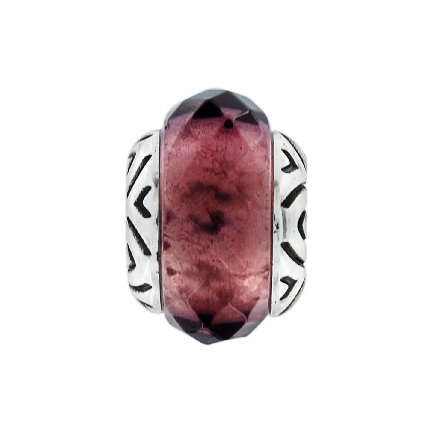 Brighton charm bead with faceted purple glass center and silver-plated chevron-patterned sides on a white background