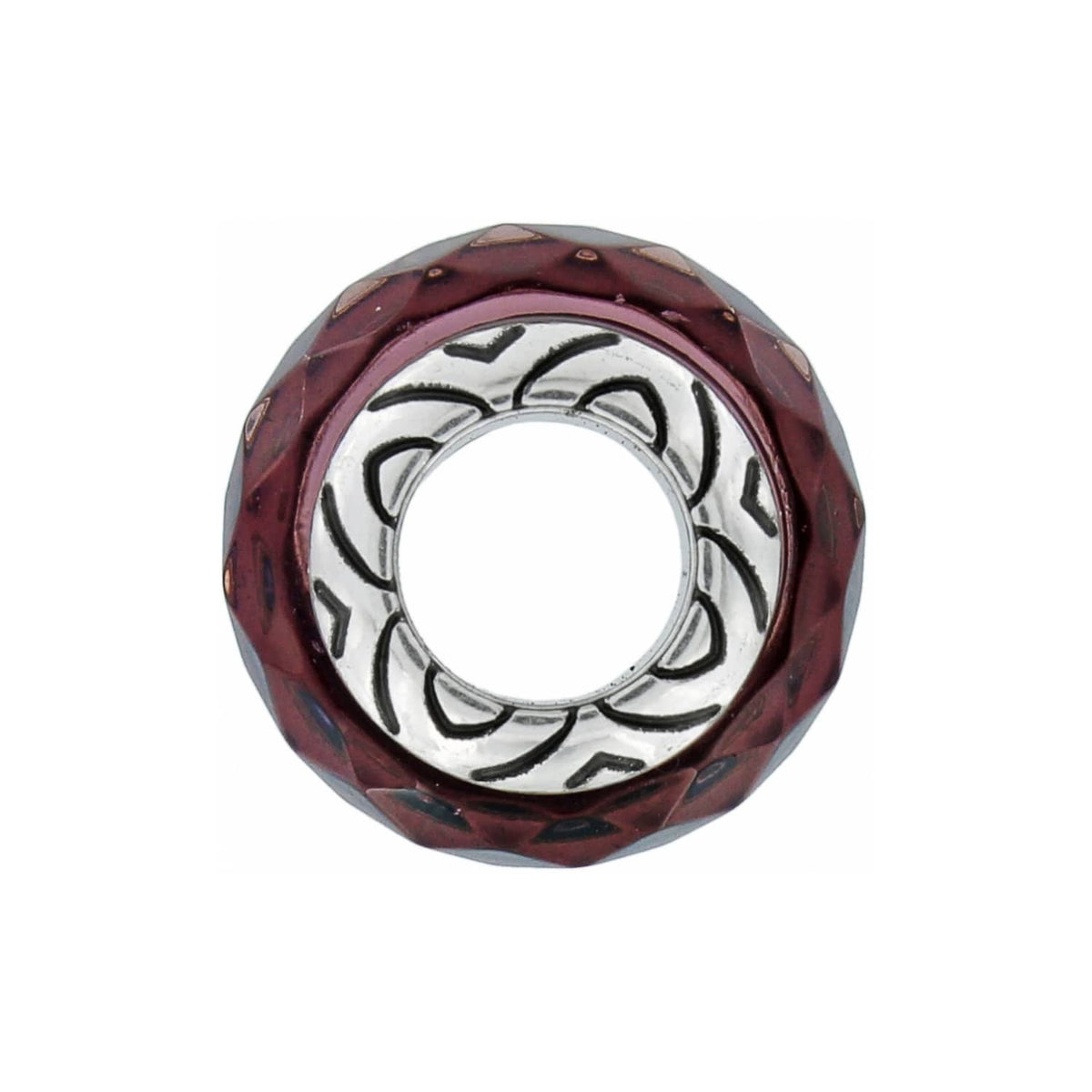 Brighton bead charm with faceted burgundy exterior and silver-plated patterned center on a white background