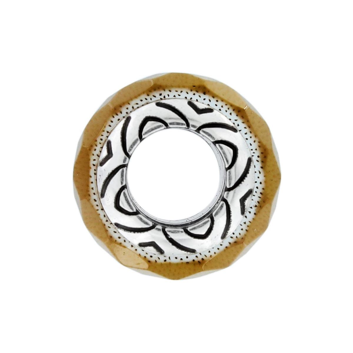 Brighton silver-plated charm bead with tan faceted outer ring and engraved scroll pattern on a white background