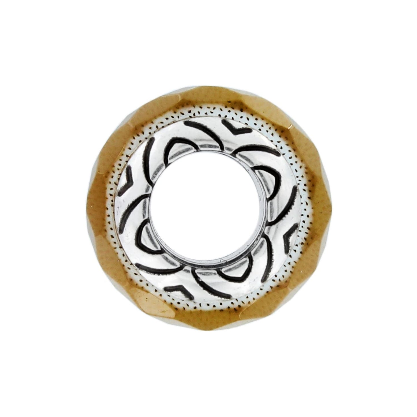 Brighton silver-plated charm bead with tan faceted outer ring and engraved scroll pattern on a white background