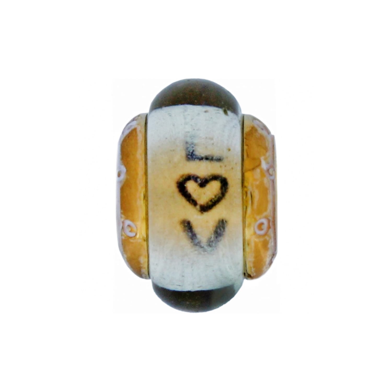 Brighton charm bead with white center panel showing heart motif and amber side accents on a white background