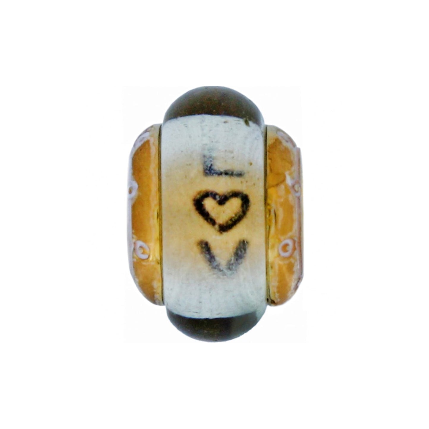Brighton charm bead with white center panel showing heart motif and amber side accents on a white background