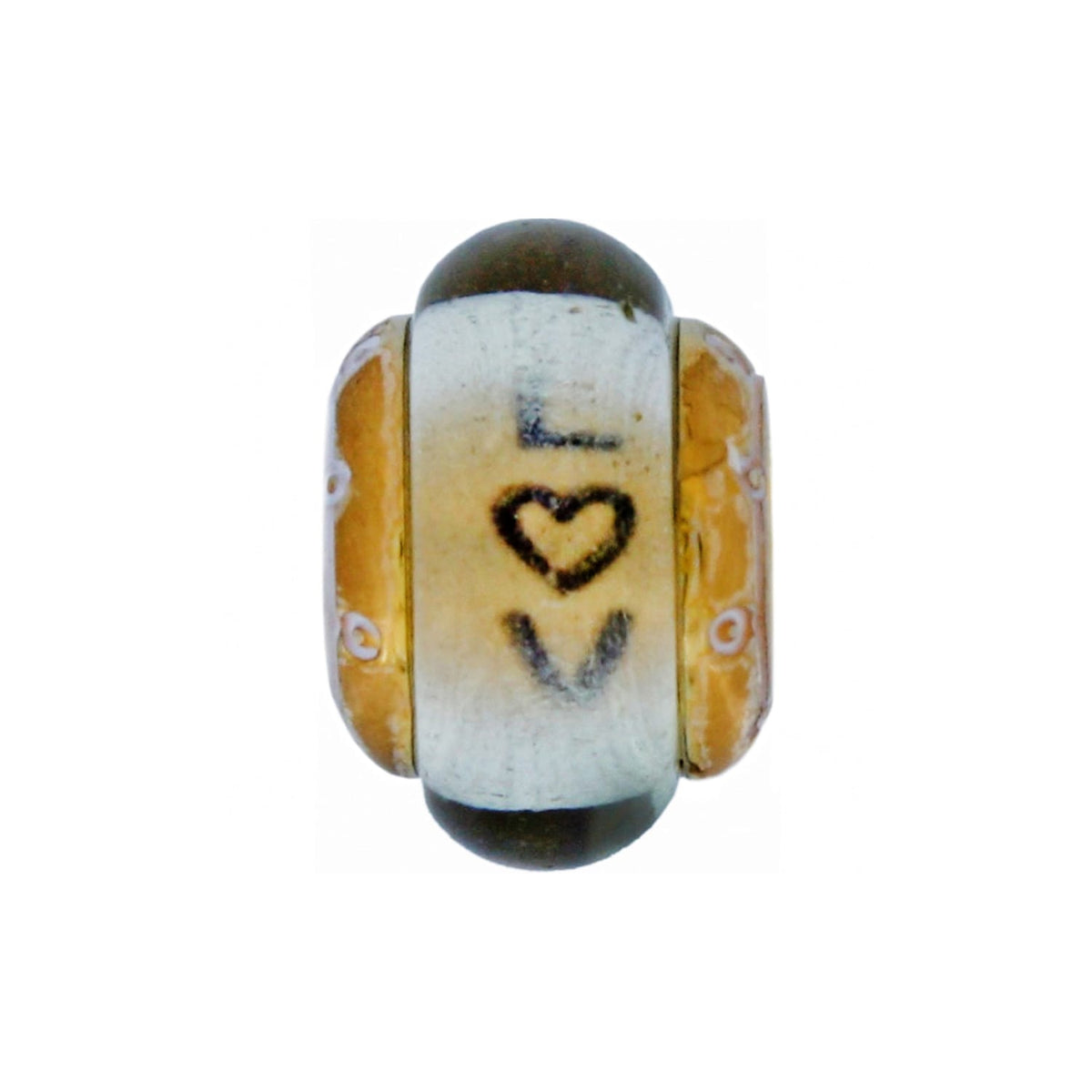 Brighton charm bead with white center panel showing heart motif and amber side accents on a white background
