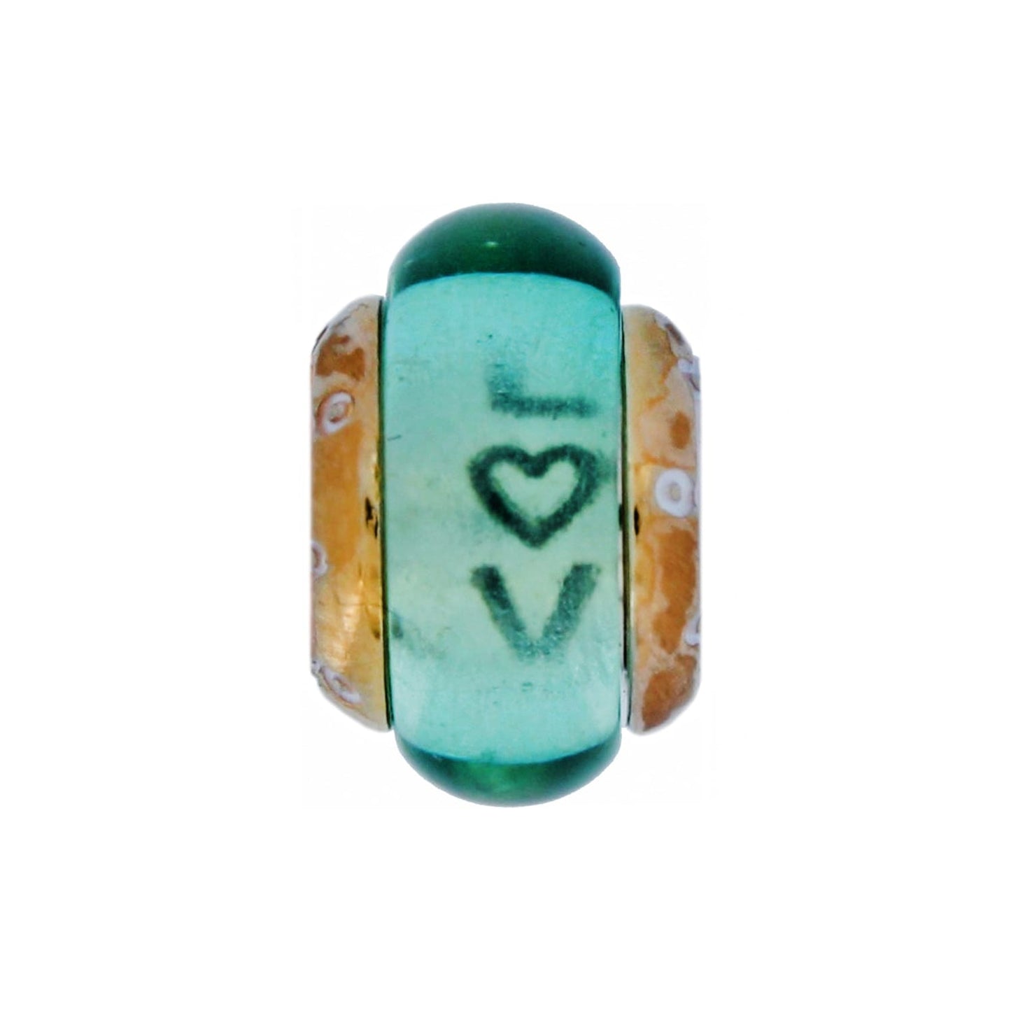 Brighton charm bead with green glass center showing love motif and gold patterned side accents on a white background