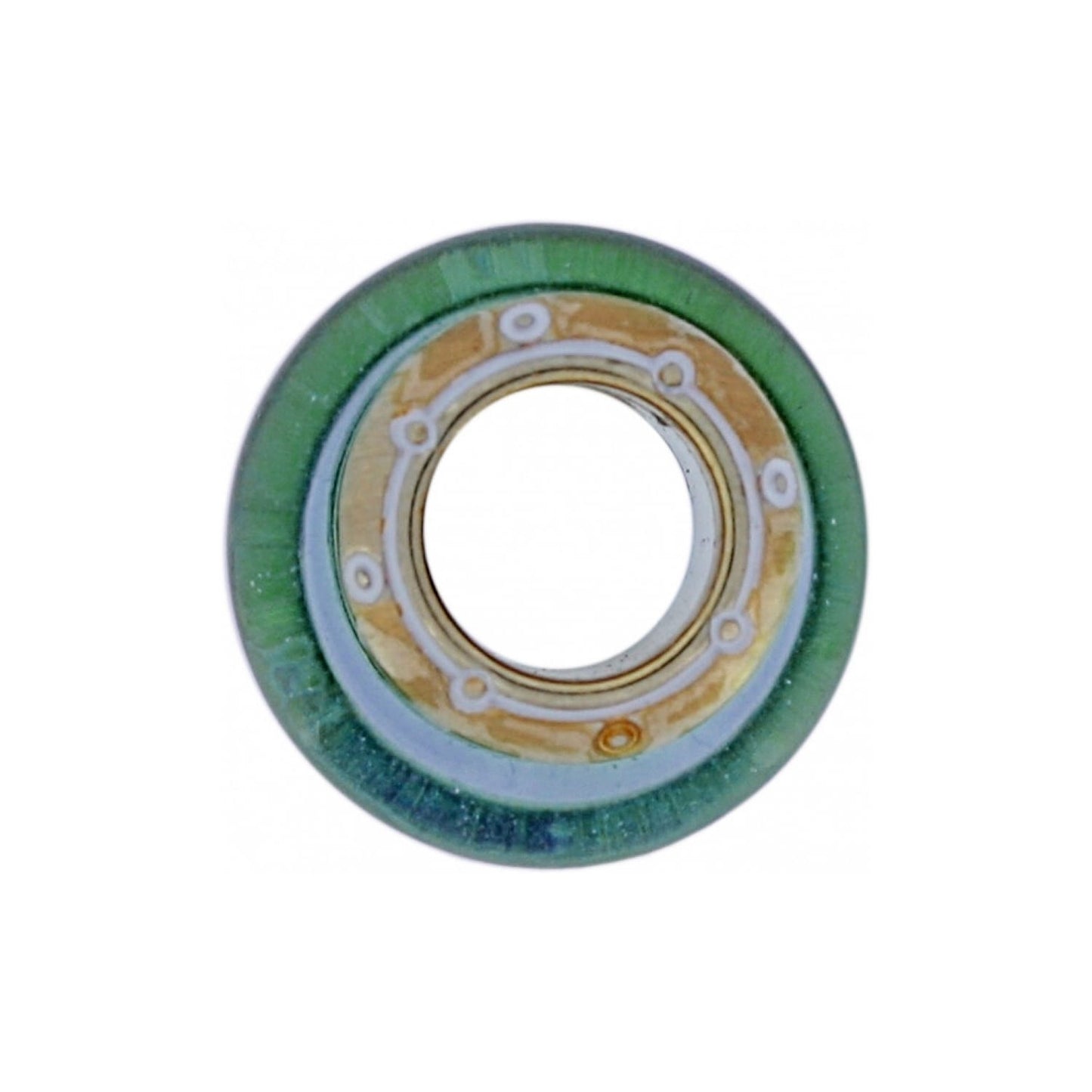 Brighton spacer charm bead with green glass exterior and brushed gold center ring on a white background
