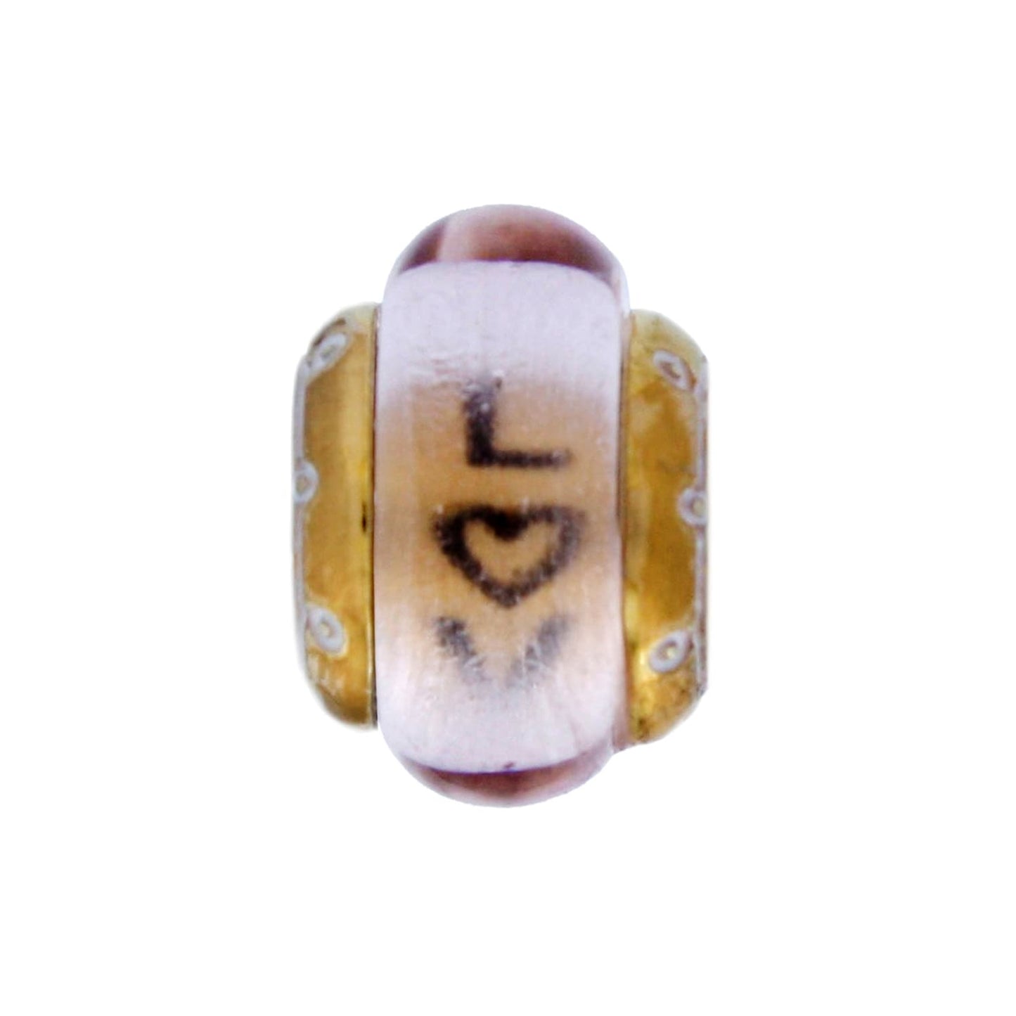 Brighton charm bead with pink glass center, brushed gold accents, and engraved love heart motif on a white background