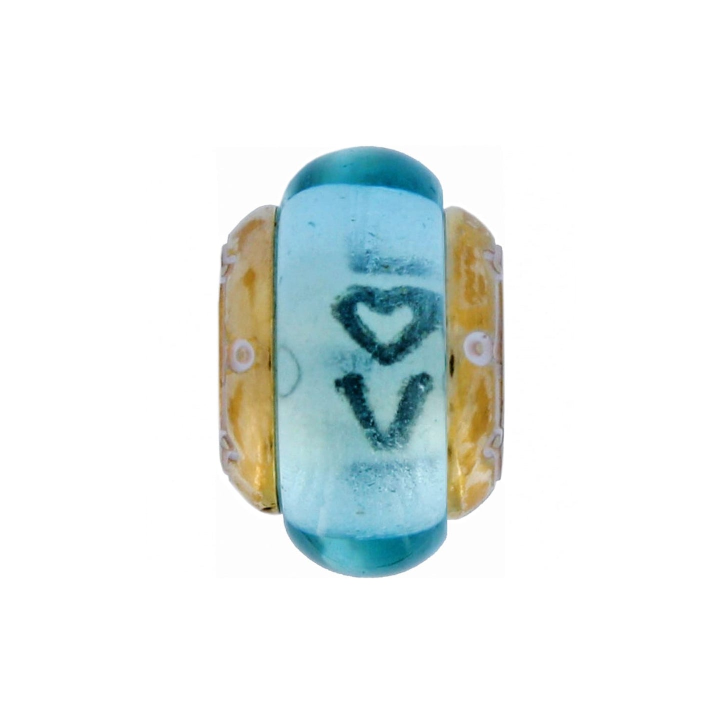 Brighton bead charm with turquoise glass center, etched heart design, and brushed gold side accents on a white background