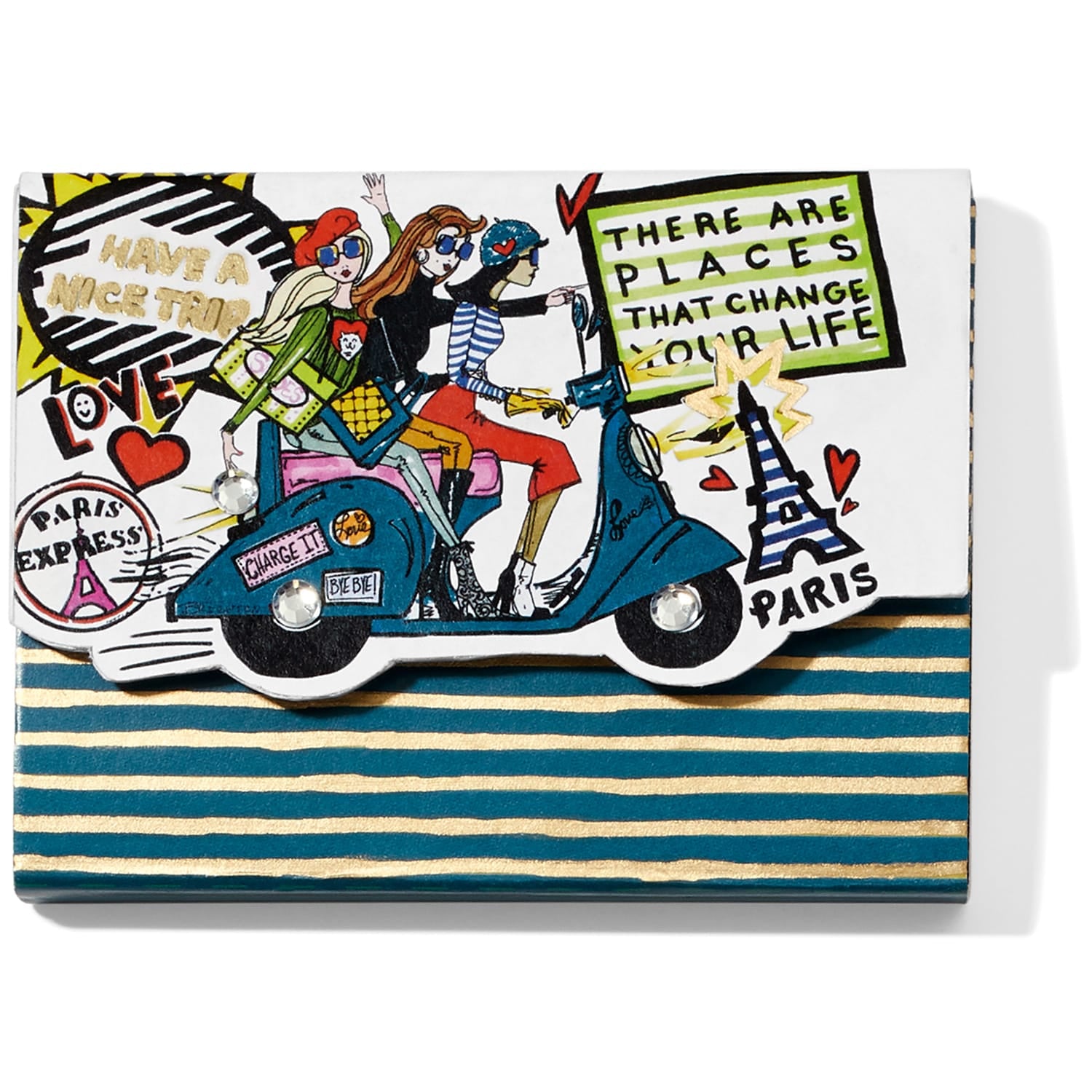 Brighton card case with Paris scooter illustration, teal and gold striped base, and crystal accents on a white background
