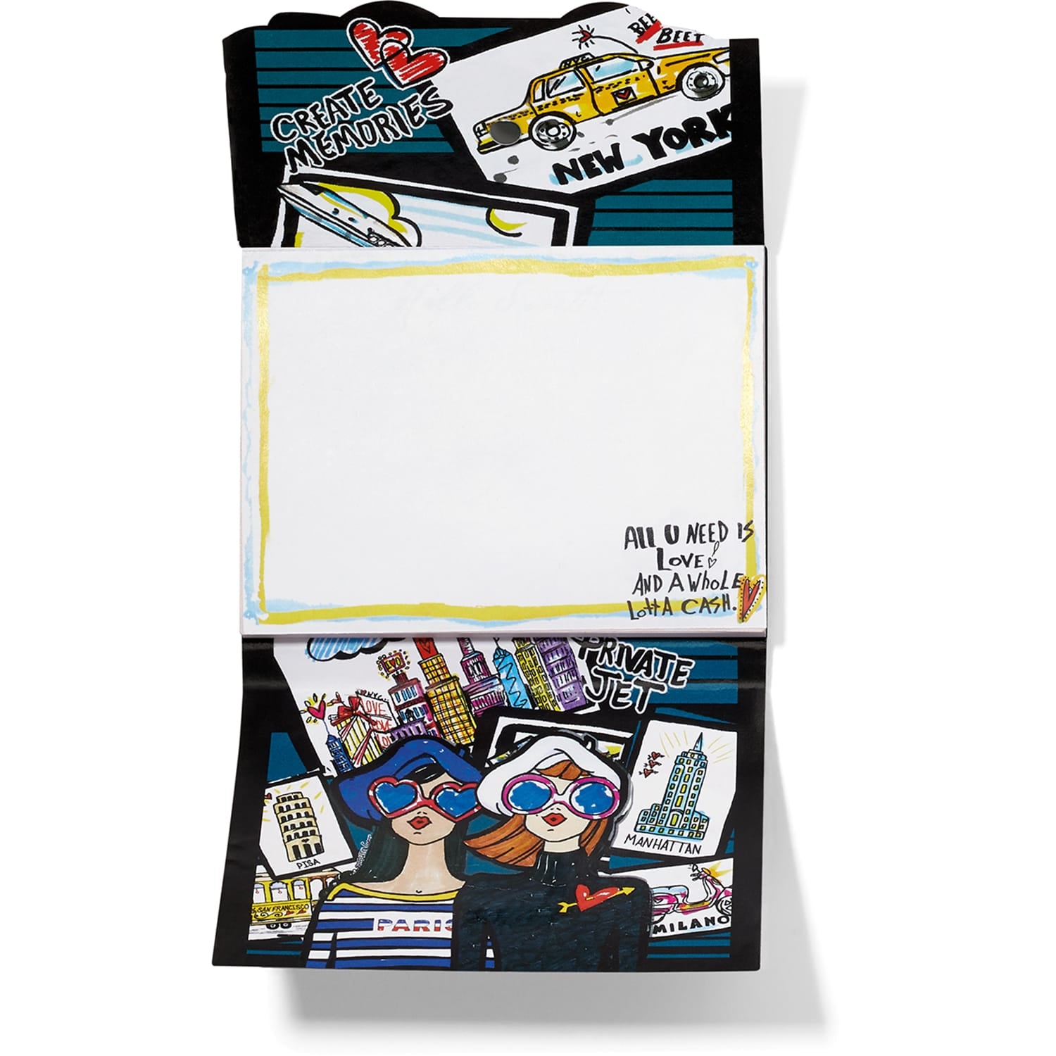 Brighton notepad with illustrated travel print featuring New York taxi, city scenes, and two stylish girls on a white background