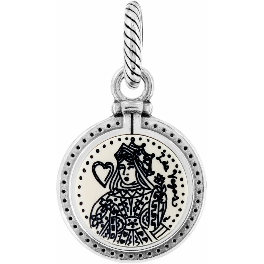 Brighton charm pendant with illustrated queen of hearts Las Vegas design and silver-plated rope bail on a white background