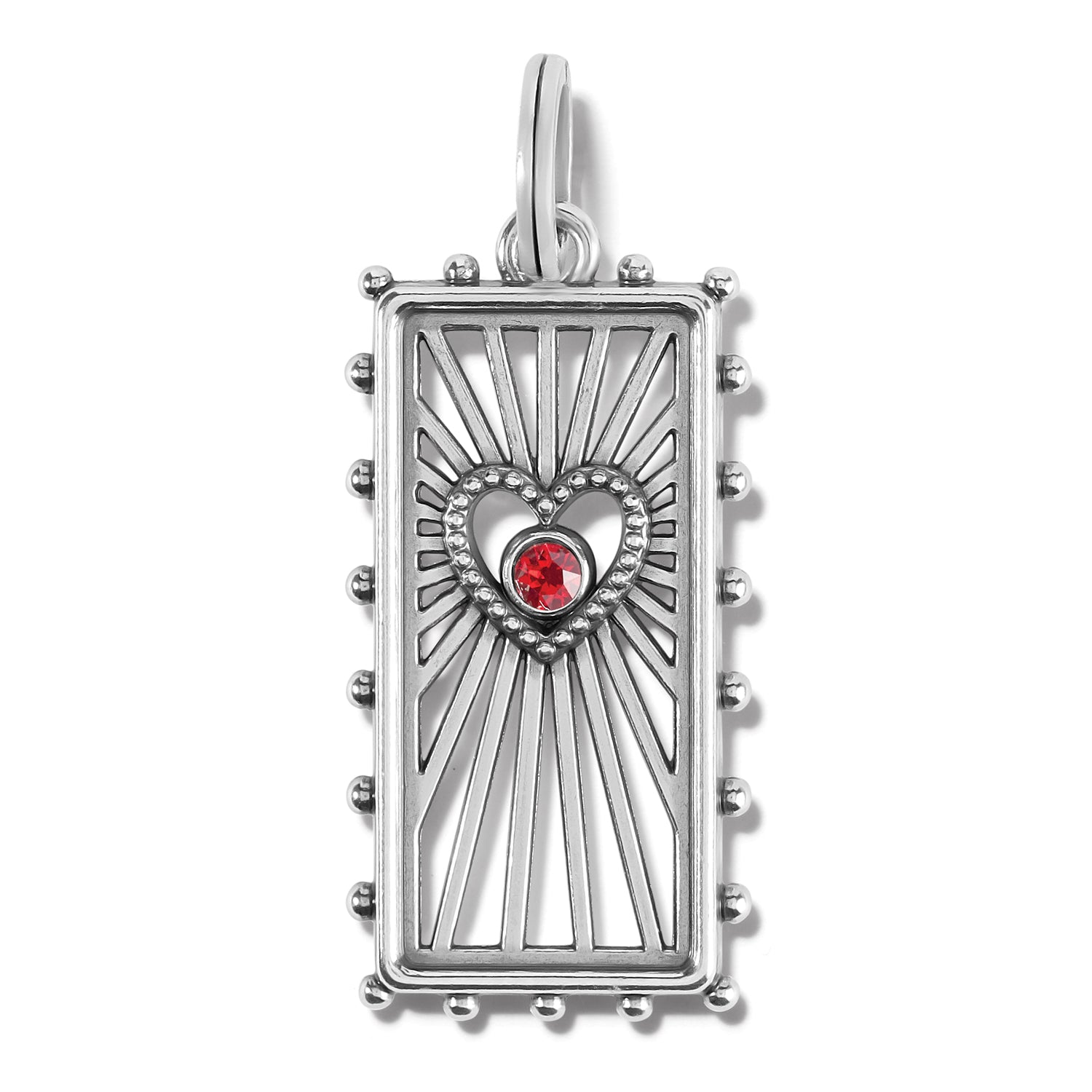 Brighton silver-plated rectangular charm with heart cutout, red crystal center, and beaded edges on a white background