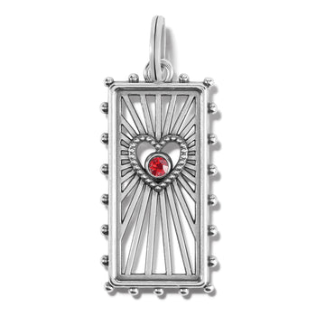 Brighton silver-plated rectangular charm with heart cutout, red crystal center, and beaded edges on a white background
