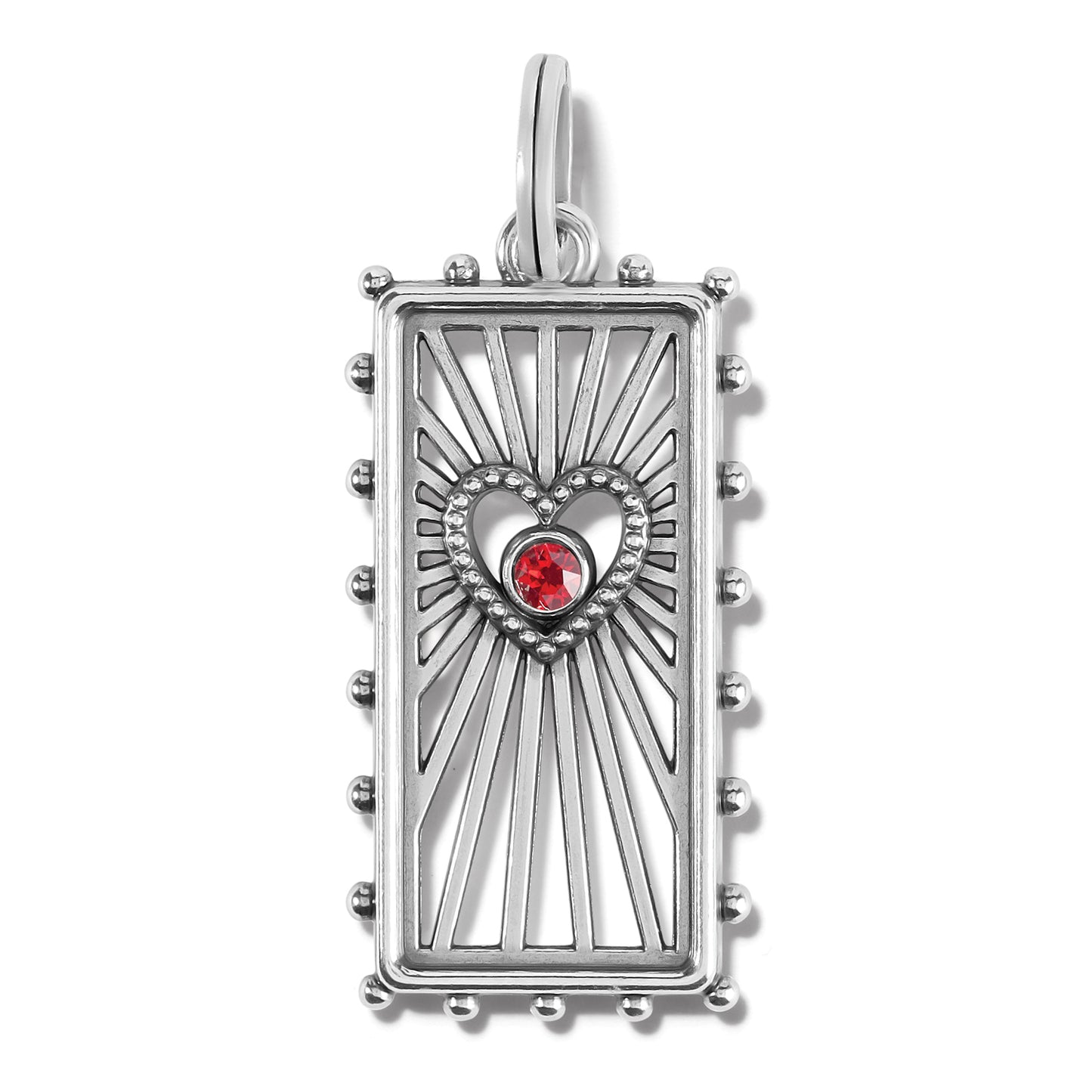 Brighton silver-plated rectangular charm with heart cutout, red crystal center, and beaded edges on a white background