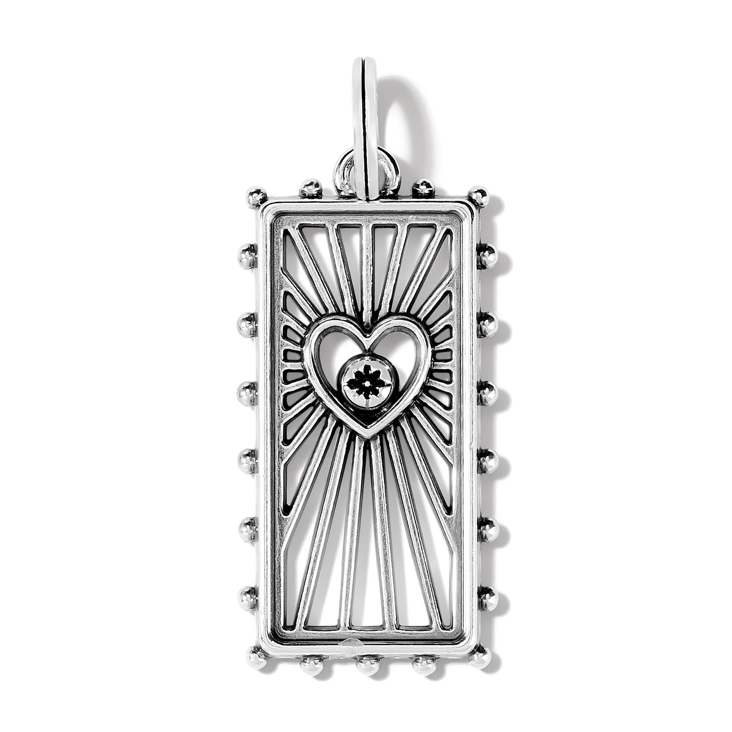 Brighton silver-plated rectangular charm pendant with radiating rays, heart motif, crystal accent, and beaded edges on a white background