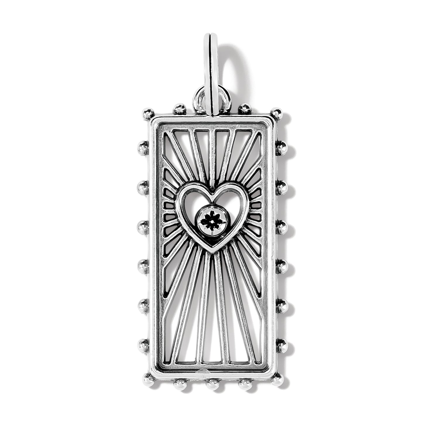 Brighton silver-plated rectangular charm pendant with radiating rays, heart motif, crystal accent, and beaded edges on a white background