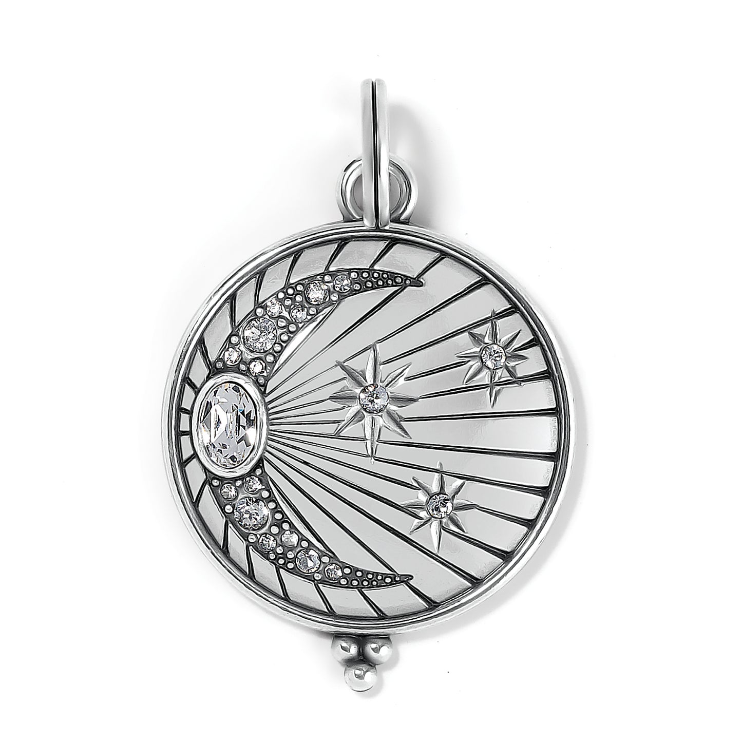Brighton pendant charm with silver-plated crescent moon and star design featuring crystal accents on a white background