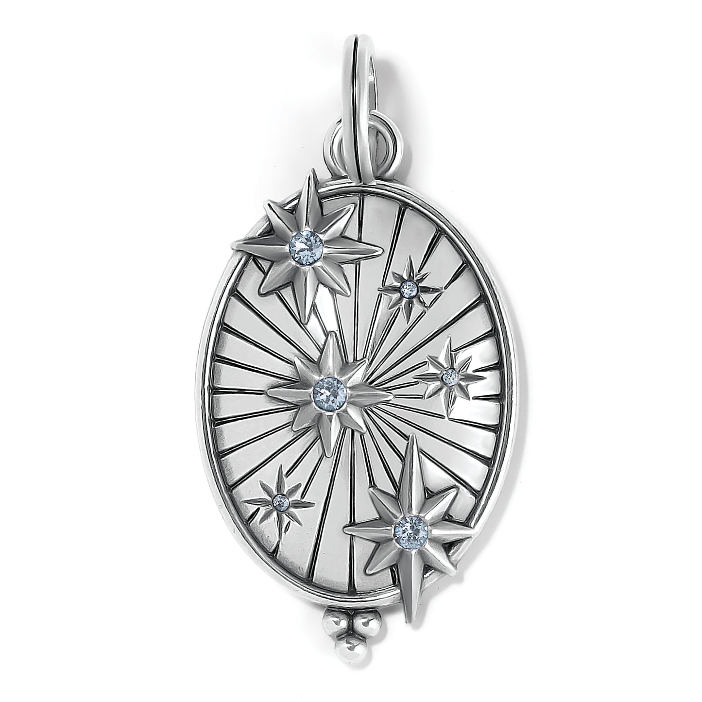 Brighton oval pendant charm with silver-plated star motifs and blue crystal accents on a white background