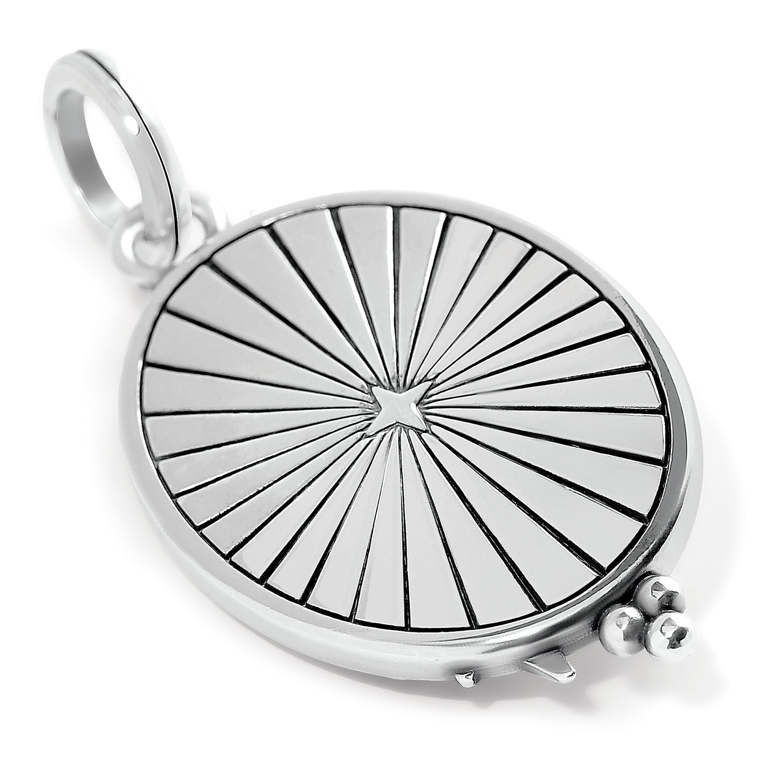 Brighton round pendant charm with silver-plated sunburst design and beaded accent detail on a white background