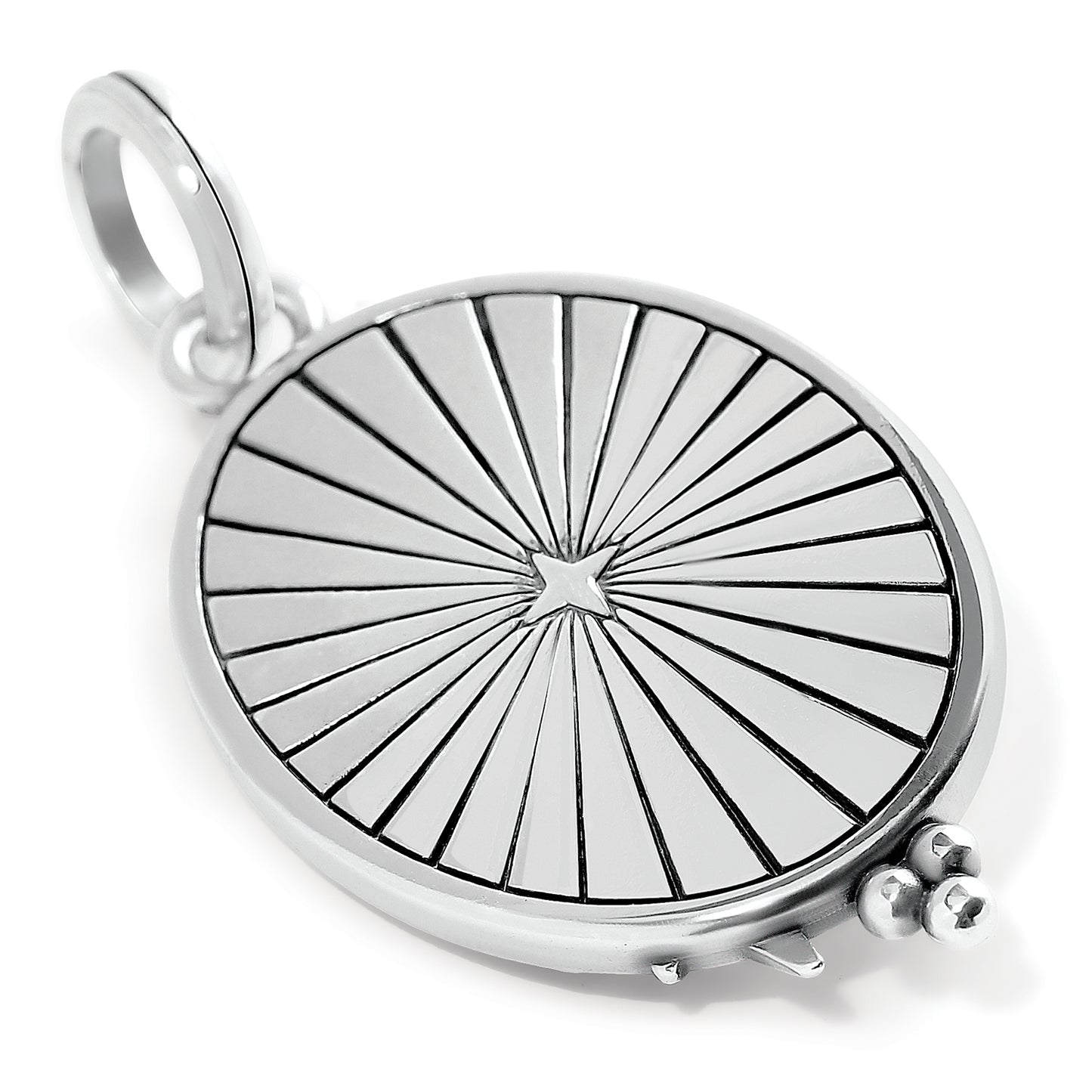Brighton round pendant charm with silver-plated sunburst design and beaded accent detail on a white background